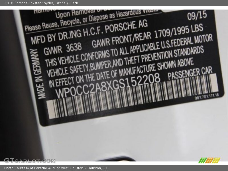 White / Black 2016 Porsche Boxster Spyder