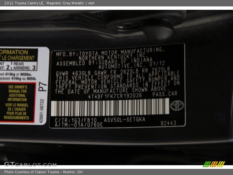 Magnetic Gray Metallic / Ash 2012 Toyota Camry LE