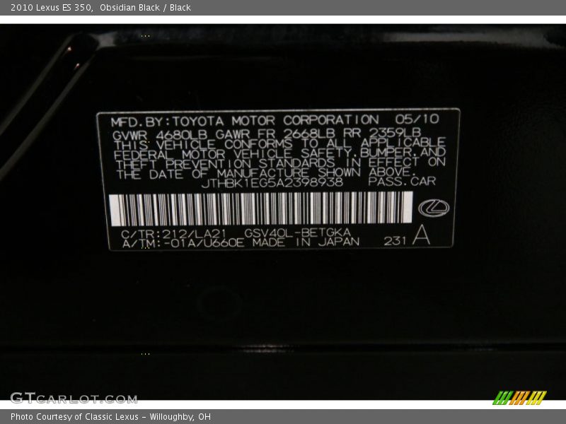 Obsidian Black / Black 2010 Lexus ES 350