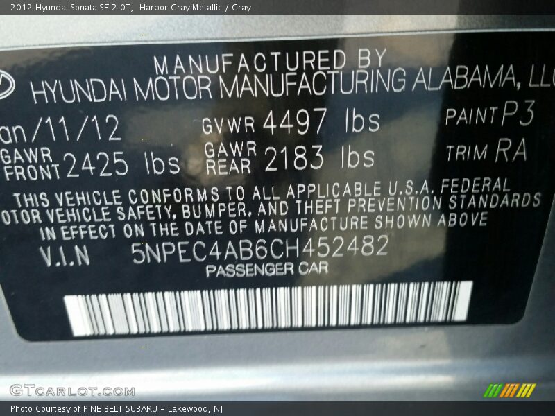 Harbor Gray Metallic / Gray 2012 Hyundai Sonata SE 2.0T