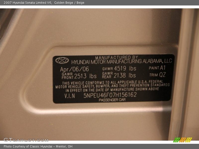 Golden Beige / Beige 2007 Hyundai Sonata Limited V6