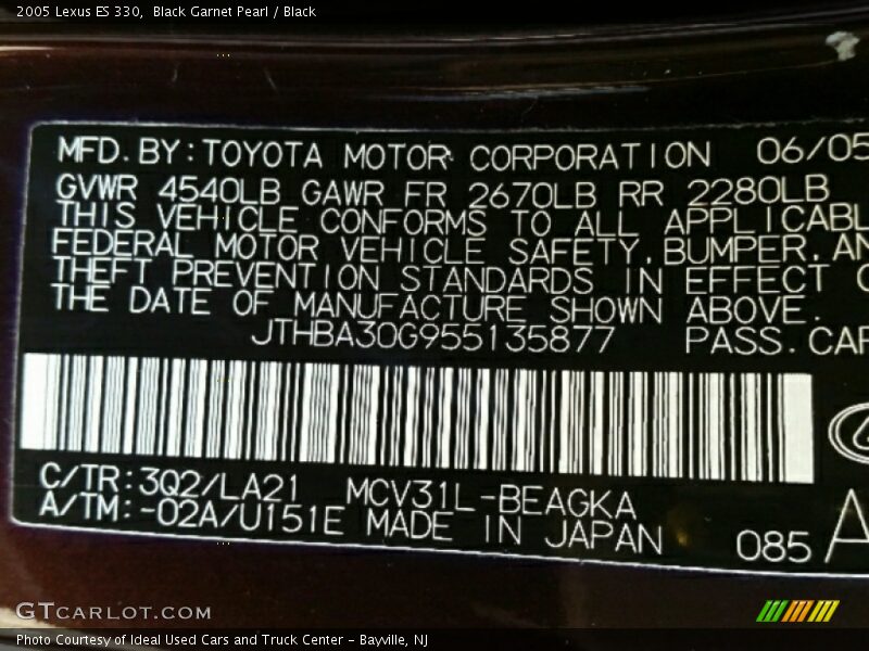 Black Garnet Pearl / Black 2005 Lexus ES 330
