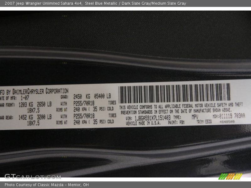 Steel Blue Metallic / Dark Slate Gray/Medium Slate Gray 2007 Jeep Wrangler Unlimited Sahara 4x4