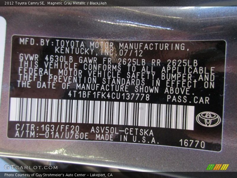 Magnetic Gray Metallic / Black/Ash 2012 Toyota Camry SE