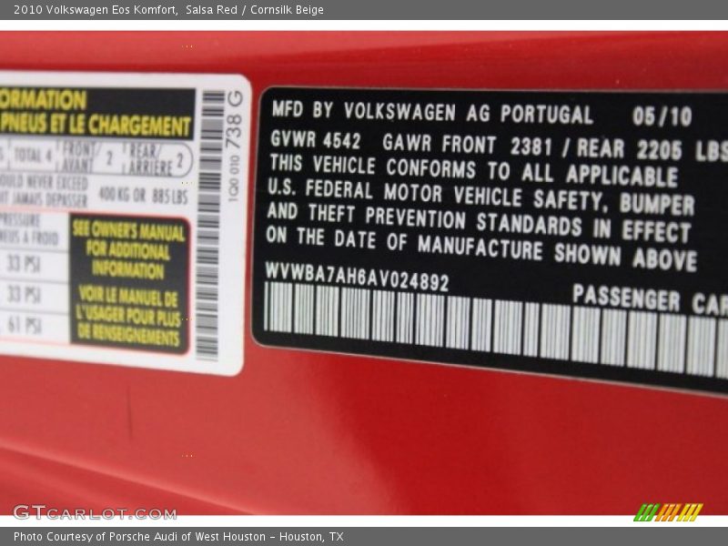 Salsa Red / Cornsilk Beige 2010 Volkswagen Eos Komfort