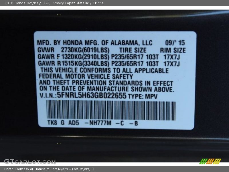 Smoky Topaz Metallic / Truffle 2016 Honda Odyssey EX-L