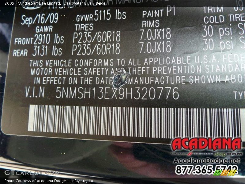 Deepwater Blue / Beige 2009 Hyundai Santa Fe Limited