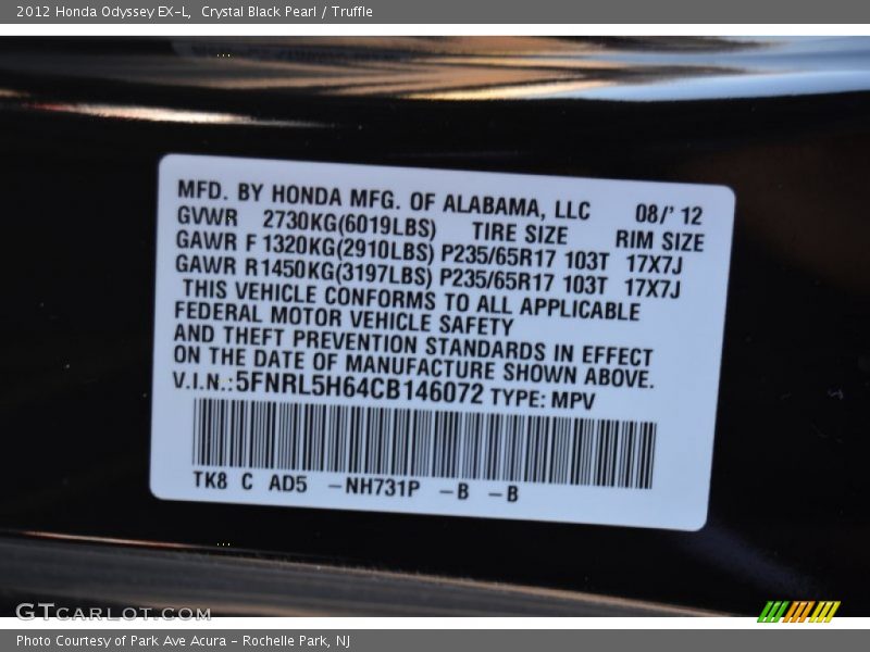 Crystal Black Pearl / Truffle 2012 Honda Odyssey EX-L