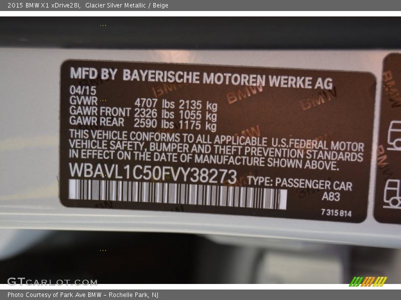 Glacier Silver Metallic / Beige 2015 BMW X1 xDrive28i