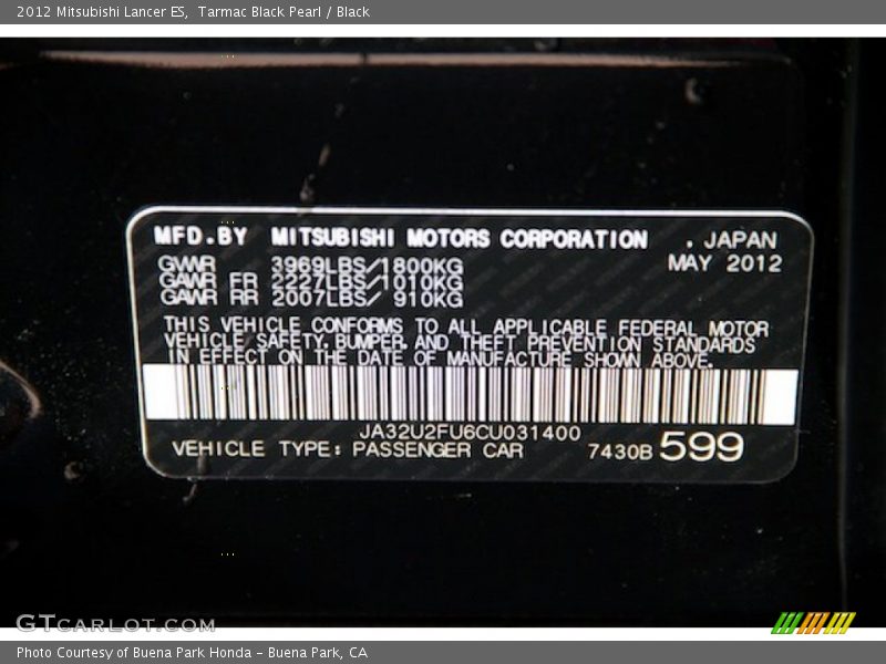 Tarmac Black Pearl / Black 2012 Mitsubishi Lancer ES
