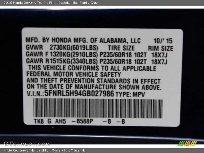 Obsidian Blue Pearl / Gray 2016 Honda Odyssey Touring Elite