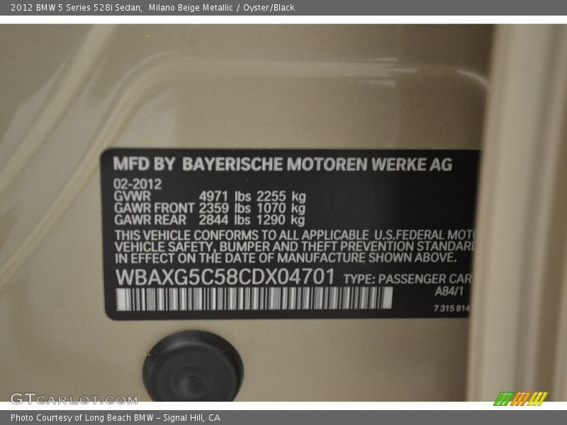 Milano Beige Metallic / Oyster/Black 2012 BMW 5 Series 528i Sedan