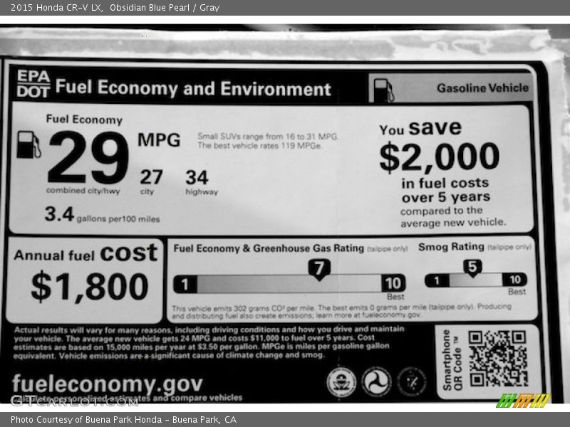 Obsidian Blue Pearl / Gray 2015 Honda CR-V LX
