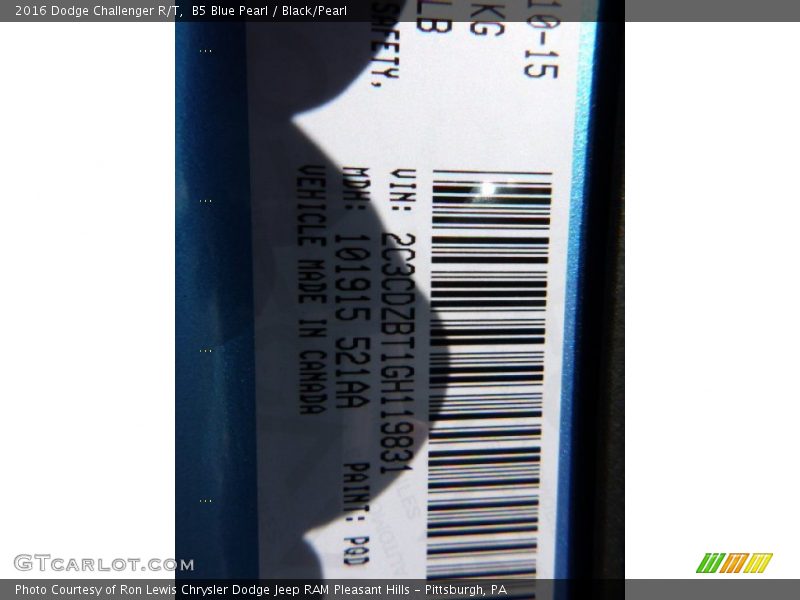 B5 Blue Pearl / Black/Pearl 2016 Dodge Challenger R/T