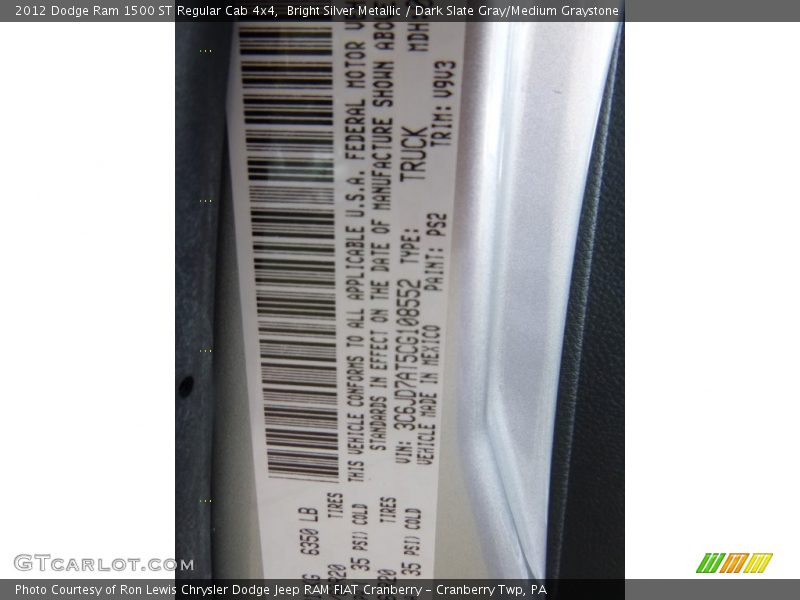 Bright Silver Metallic / Dark Slate Gray/Medium Graystone 2012 Dodge Ram 1500 ST Regular Cab 4x4