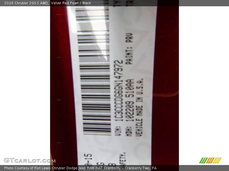 2016 200 S AWD Velvet Red Pearl Color Code PRV