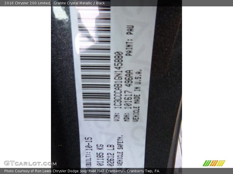 Granite Crystal Metallic / Black 2016 Chrysler 200 Limited