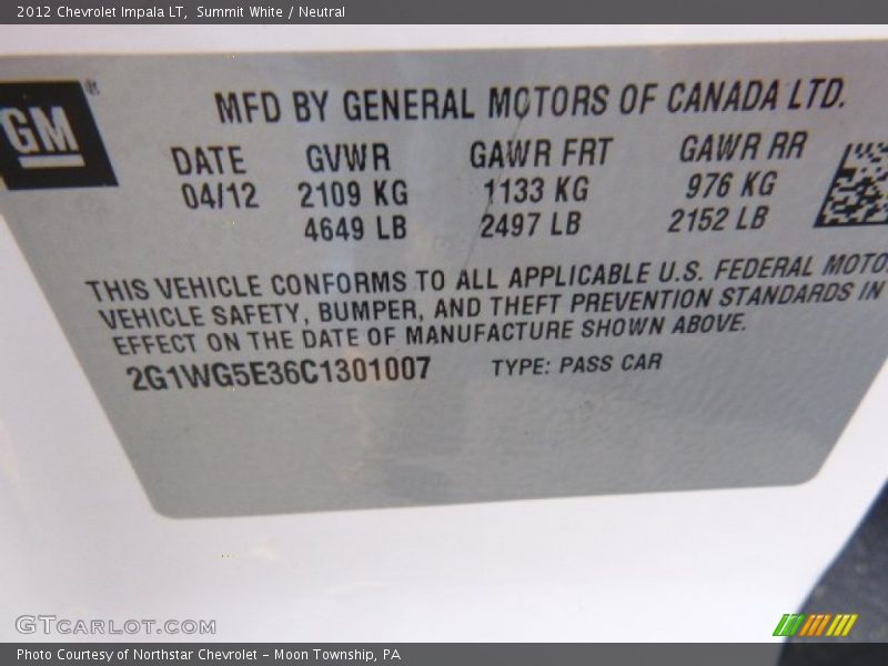 Summit White / Neutral 2012 Chevrolet Impala LT