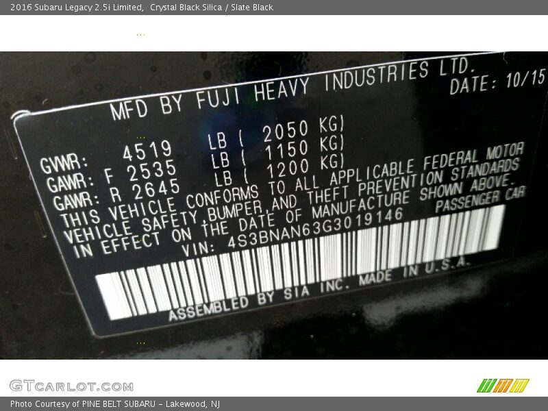 Crystal Black Silica / Slate Black 2016 Subaru Legacy 2.5i Limited