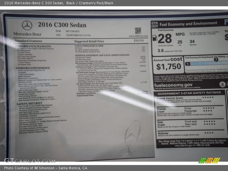  2016 C 300 Sedan Window Sticker