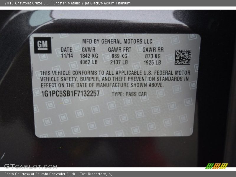 Tungsten Metallic / Jet Black/Medium Titanium 2015 Chevrolet Cruze LT