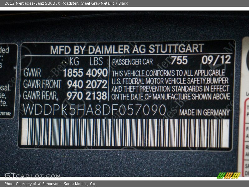 2013 SLK 350 Roadster Steel Grey Metallic Color Code 755