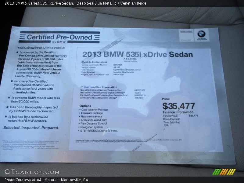 Deep Sea Blue Metallic / Venetian Beige 2013 BMW 5 Series 535i xDrive Sedan