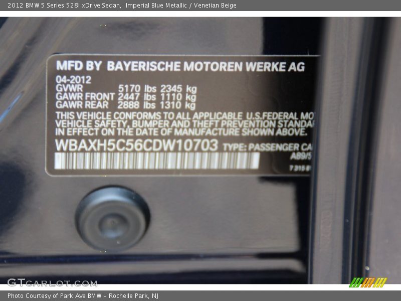 Imperial Blue Metallic / Venetian Beige 2012 BMW 5 Series 528i xDrive Sedan