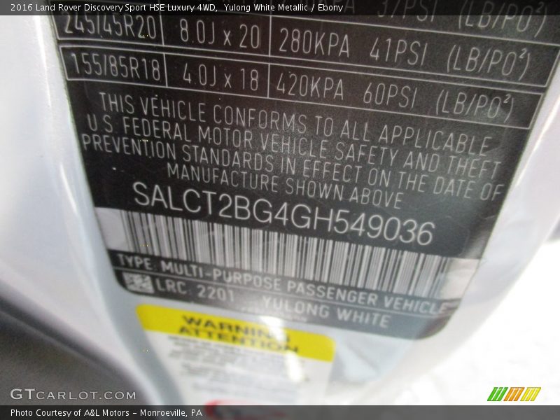 2016 Discovery Sport HSE Luxury 4WD Yulong White Metallic Color Code 2201