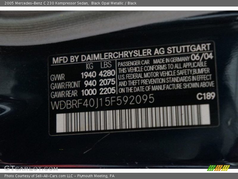 2005 C 230 Kompressor Sedan Black Opal Metallic Color Code 189