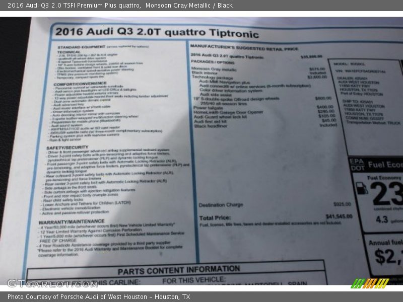  2016 Q3 2.0 TSFI Premium Plus quattro Window Sticker