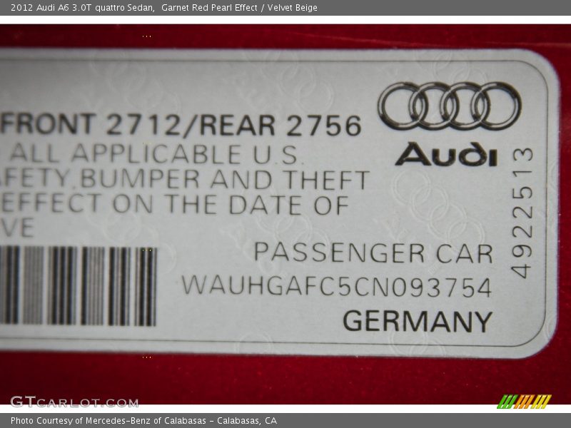 Garnet Red Pearl Effect / Velvet Beige 2012 Audi A6 3.0T quattro Sedan