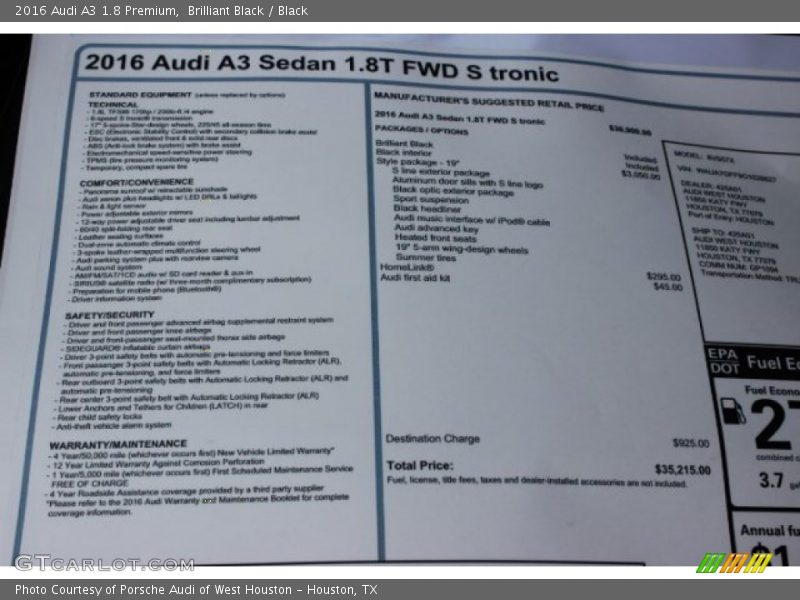 Brilliant Black / Black 2016 Audi A3 1.8 Premium