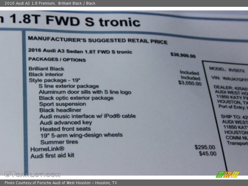 Brilliant Black / Black 2016 Audi A3 1.8 Premium