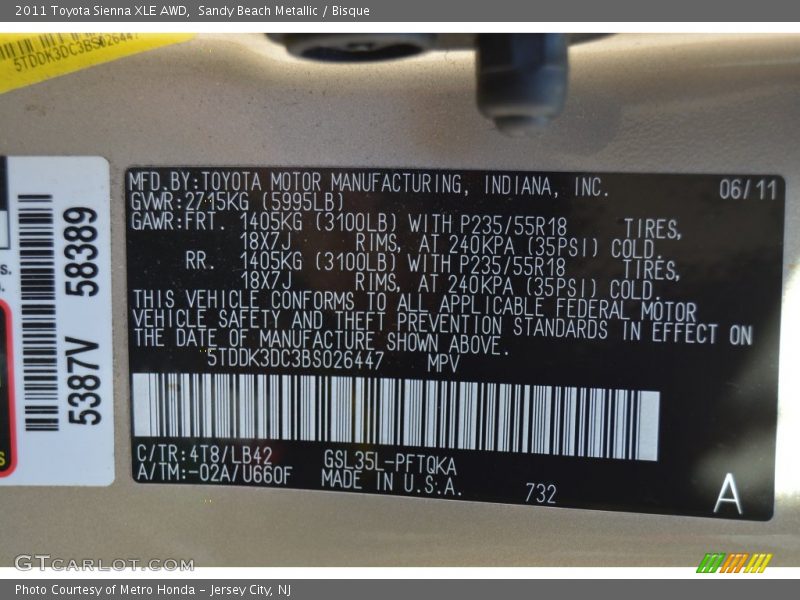 Sandy Beach Metallic / Bisque 2011 Toyota Sienna XLE AWD