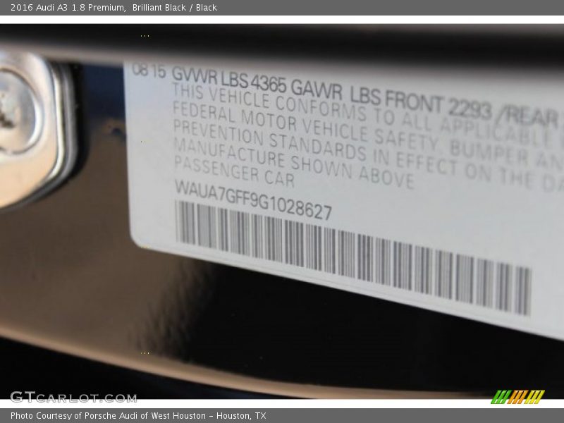 Brilliant Black / Black 2016 Audi A3 1.8 Premium