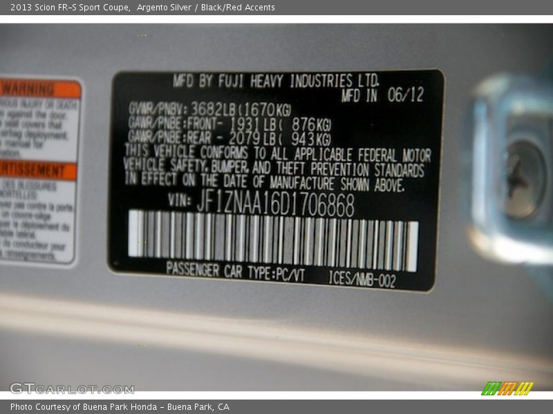 Argento Silver / Black/Red Accents 2013 Scion FR-S Sport Coupe