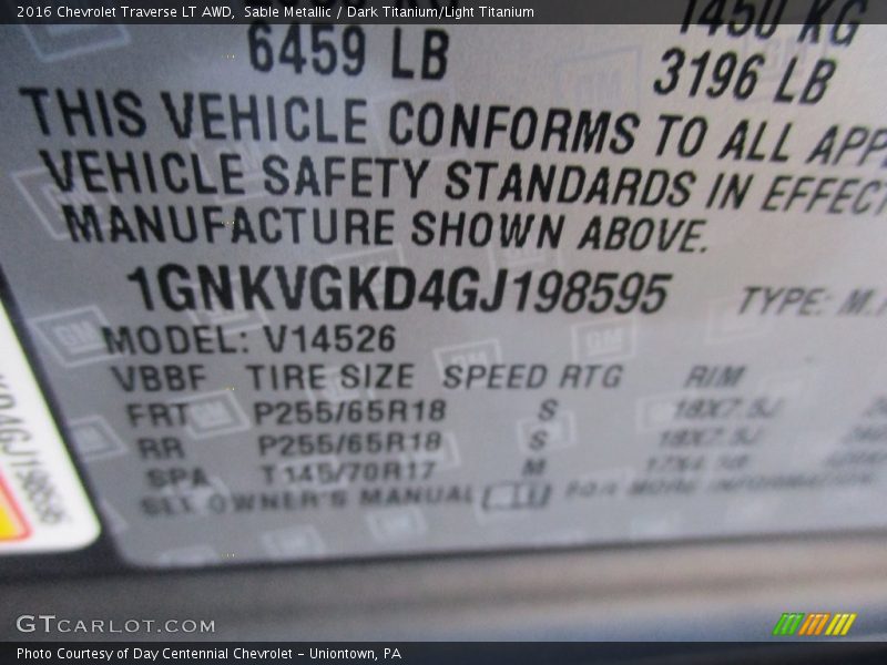 Sable Metallic / Dark Titanium/Light Titanium 2016 Chevrolet Traverse LT AWD