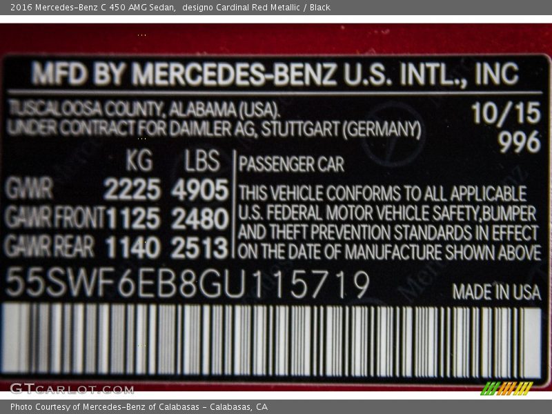 2016 C 450 AMG Sedan designo Cardinal Red Metallic Color Code 996