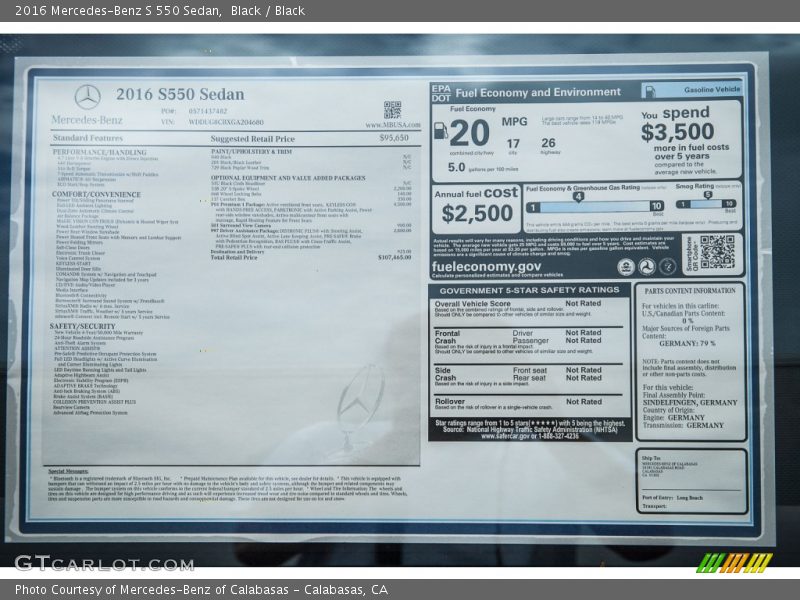  2016 S 550 Sedan Window Sticker