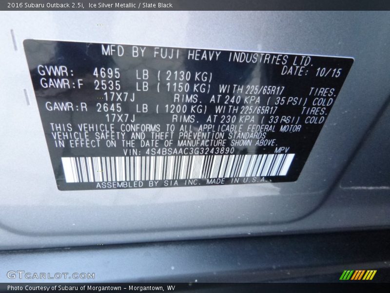 Ice Silver Metallic / Slate Black 2016 Subaru Outback 2.5i