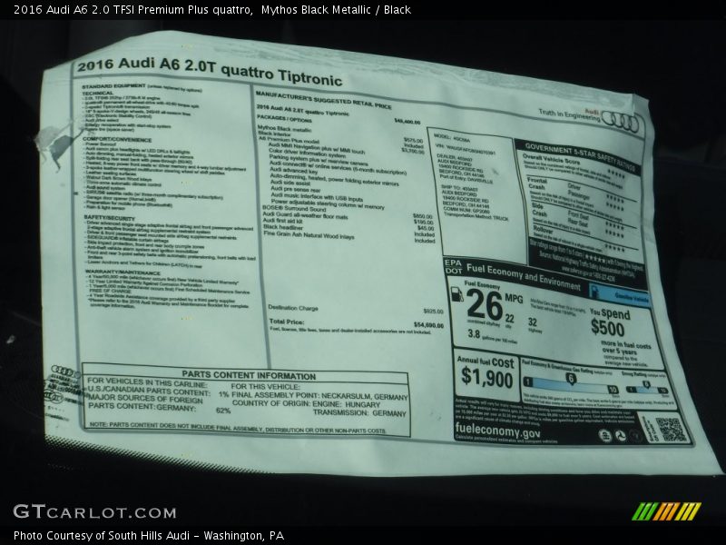 Mythos Black Metallic / Black 2016 Audi A6 2.0 TFSI Premium Plus quattro