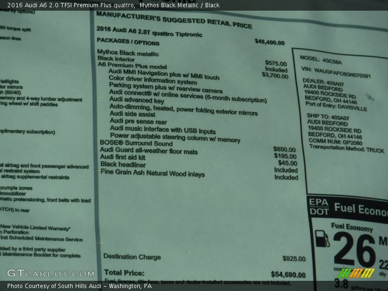 Mythos Black Metallic / Black 2016 Audi A6 2.0 TFSI Premium Plus quattro