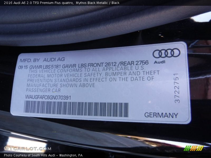 Mythos Black Metallic / Black 2016 Audi A6 2.0 TFSI Premium Plus quattro