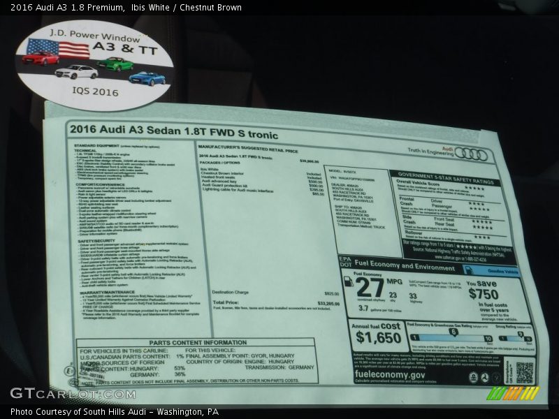 Ibis White / Chestnut Brown 2016 Audi A3 1.8 Premium