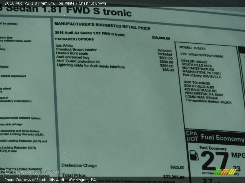 Ibis White / Chestnut Brown 2016 Audi A3 1.8 Premium