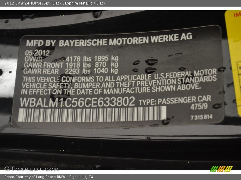 2012 Z4 sDrive35is Black Sapphire Metallic Color Code 475