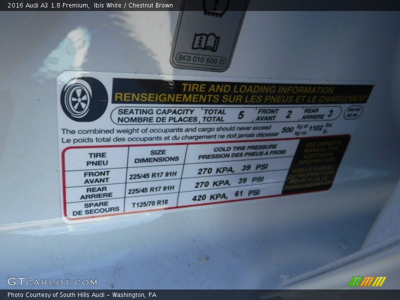 Ibis White / Chestnut Brown 2016 Audi A3 1.8 Premium