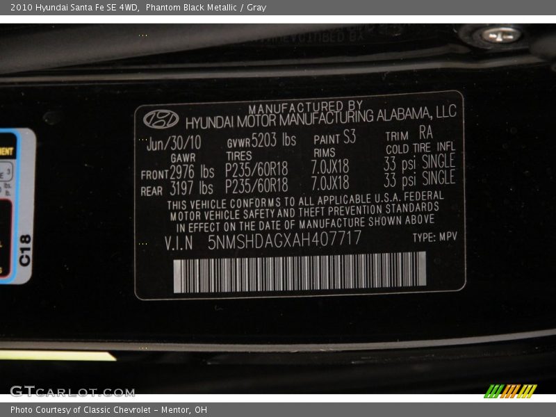 Phantom Black Metallic / Gray 2010 Hyundai Santa Fe SE 4WD