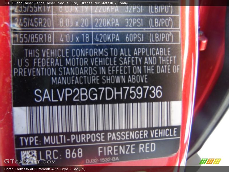 Firenze Red Metallic / Ebony 2013 Land Rover Range Rover Evoque Pure